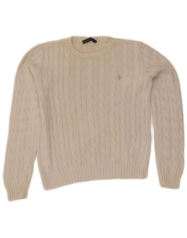 Ralph Lauren Womens Crew Neck Jumper Sweater UK 12 Medium White Cotton