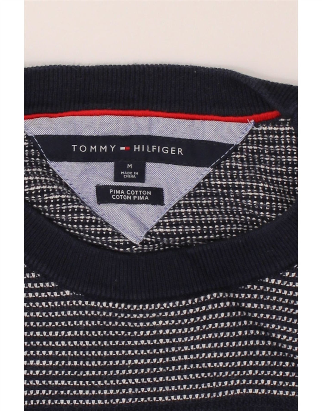 TOMMY HILFIGER Mens Crew Neck Jumper Sweater Medium Navy Blue Striped Vintage Tommy Hilfiger and Second-Hand Tommy Hilfiger from Messina Hembry 