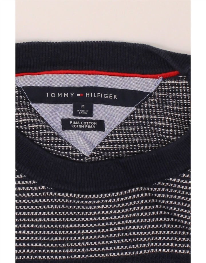 TOMMY HILFIGER Mens Crew Neck Jumper Sweater Medium Navy Blue Striped Vintage Tommy Hilfiger and Second-Hand Tommy Hilfiger from Messina Hembry 