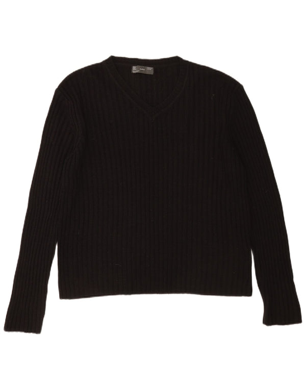 Zara Mens V-Neck Jumper Sweater Large Black Acrylic