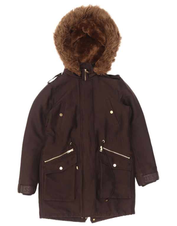 Guess Womens Graphic Hooded Parka Jacket UK 6 XS Black Polyester