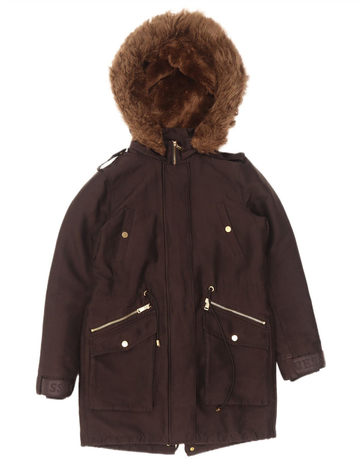 Guess Womens Graphic Hooded Parka Jacket UK 6 XS Black Polyester