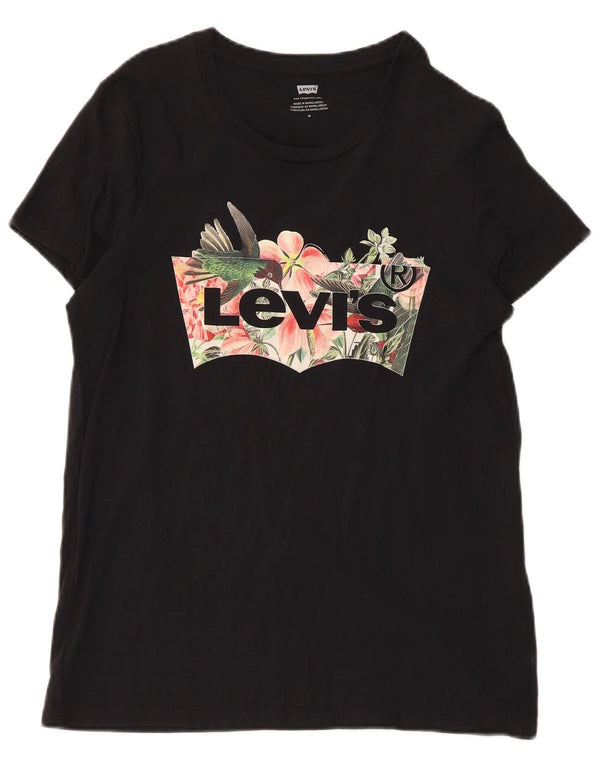 Levi's Womens Graphic T-Shirt Top UK 12 Medium Black Floral Cotton
