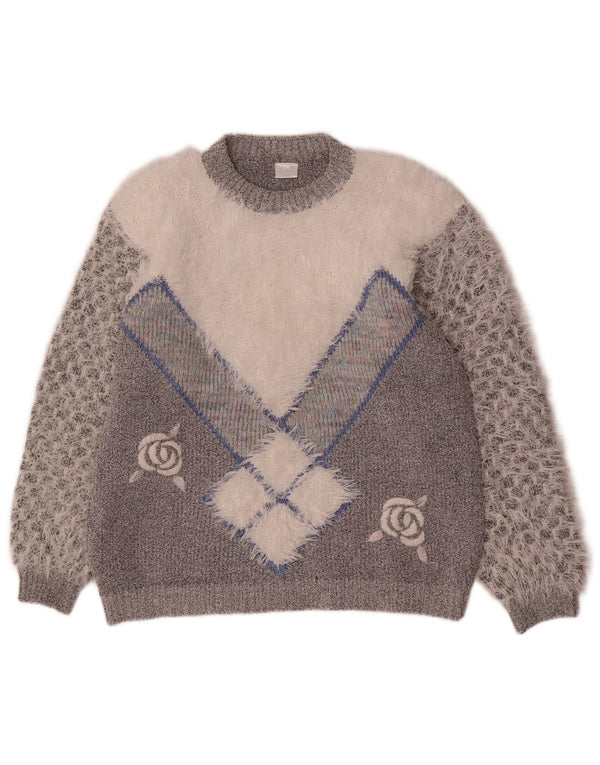 Vintage Womens Crew Neck Jumper Sweater UK 20 2XL Grå Colourblock Akryl