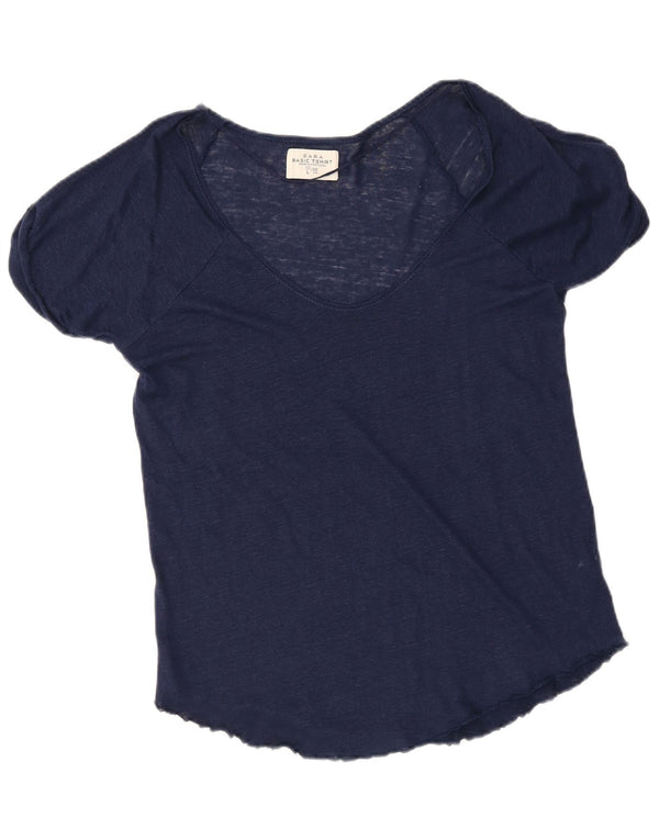 Zara Womens T-Shirt Top UK 16 Large Bleu Marine Lin