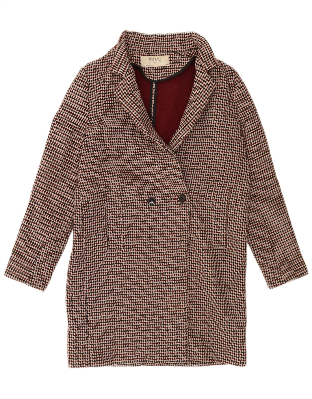 Zara Womens Oversized Double Breasted Coat UK 10 Small Burgundy Houndstooth