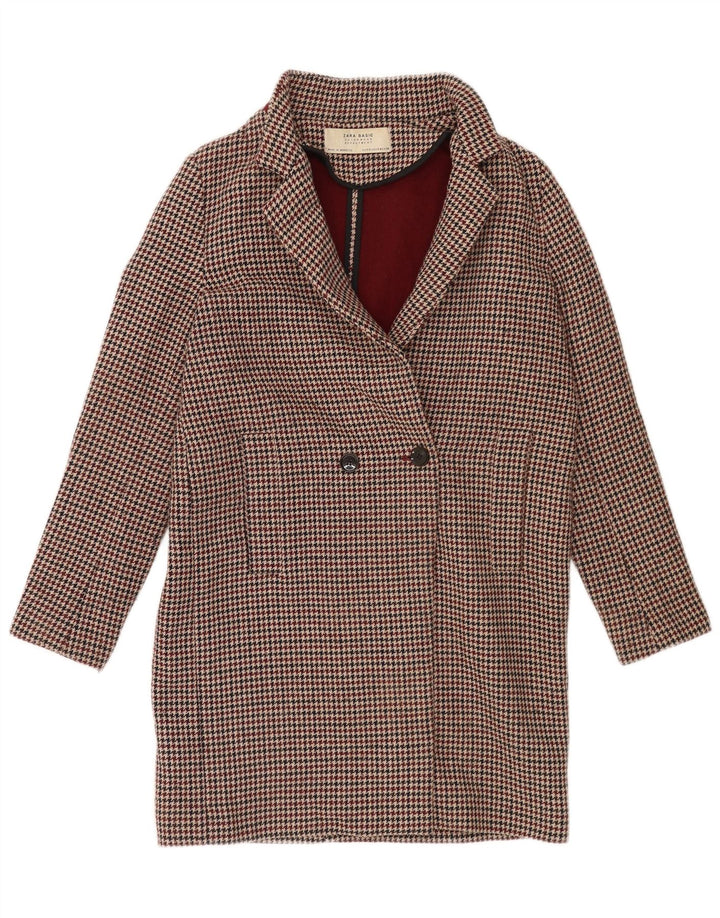 Zara Womens Oversized Double Breasted Coat UK 10 Small Burgundy Houndstooth