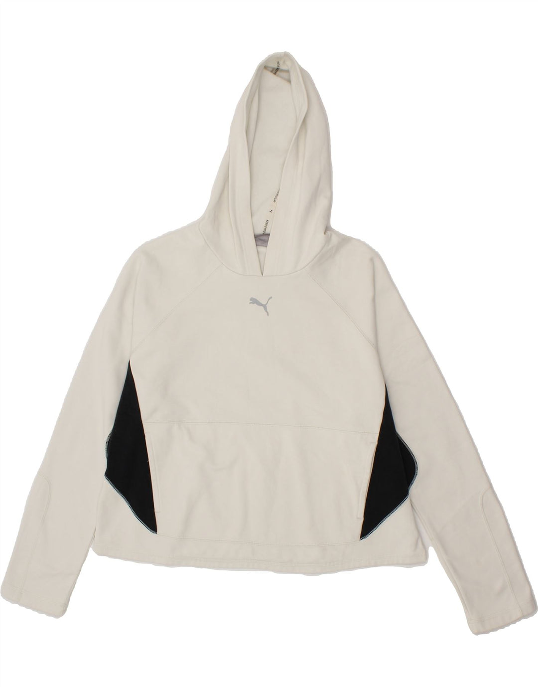 PUMA Womens Oversized Crop Hoodie Jumper UK 6 XS White Colourblock Vintage Puma and Second-Hand Puma from Messina Hembry 