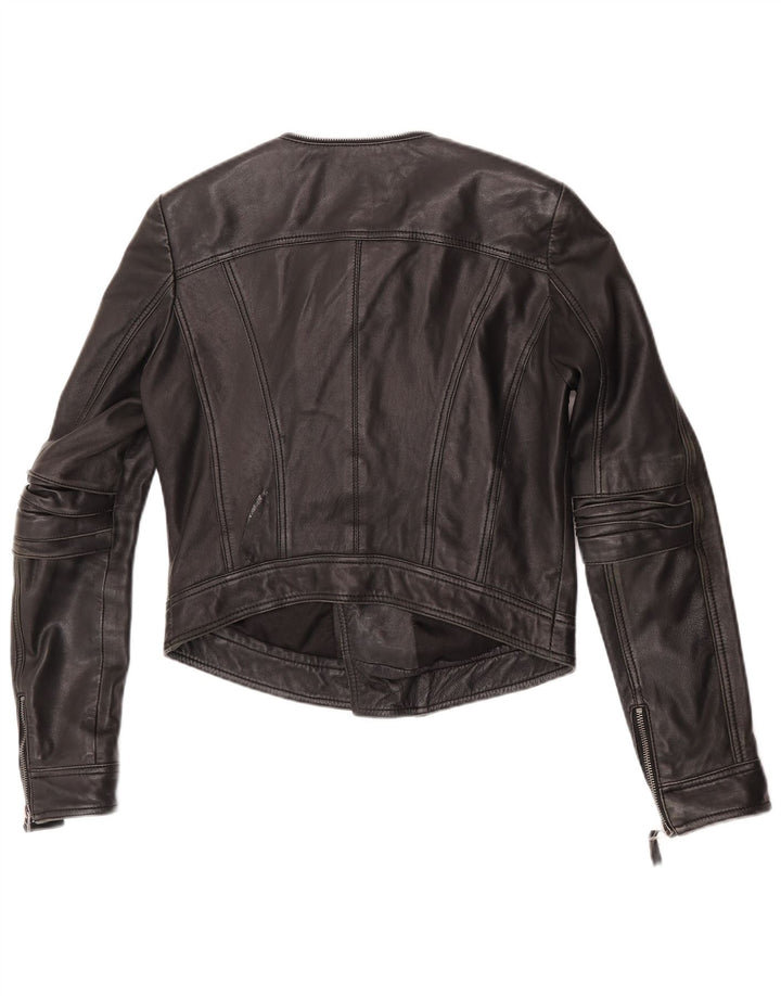 Max Womens Crop Biker Læderjakke UK 12 Medium Sort Læder