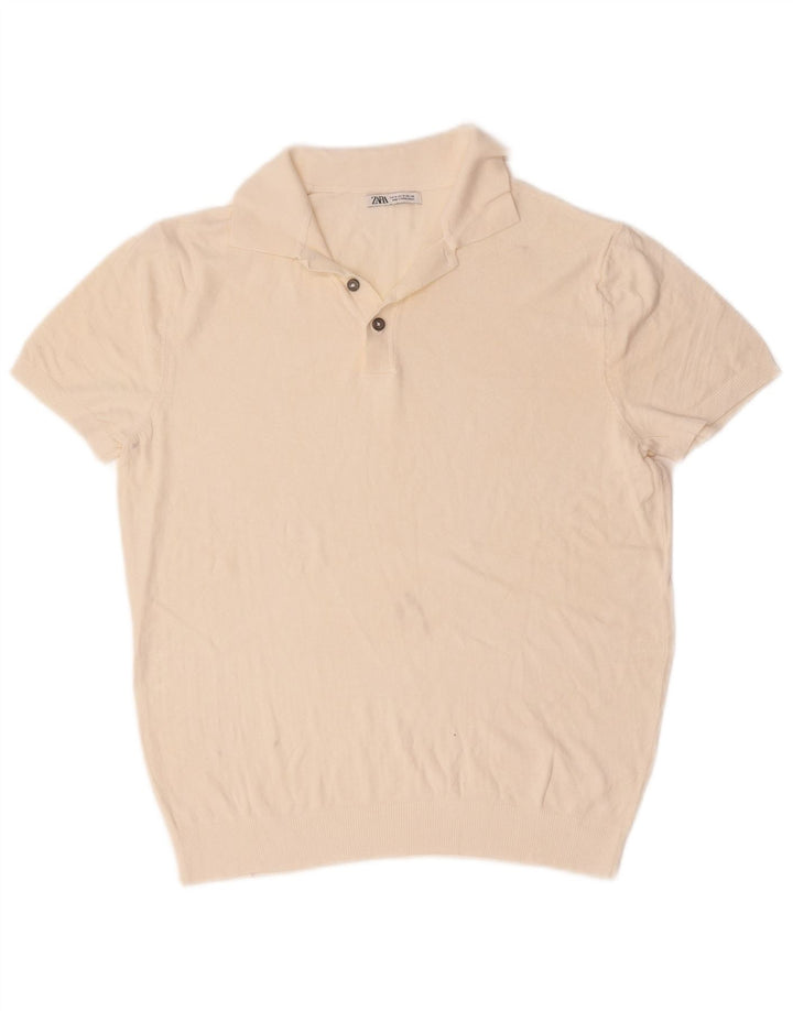 Zara Mens Short Sleeve Polo Neck Jumper Sweater Medium Off White