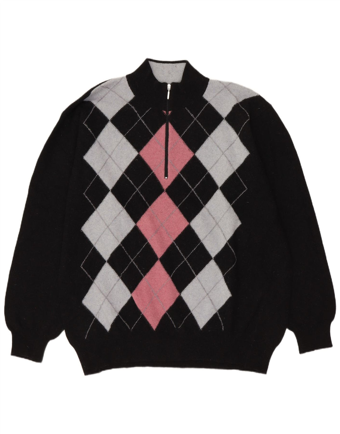 Conbipel Mens Niama Zip Neck Jumper Sweater XL Black Argyle/Diamond Wool
