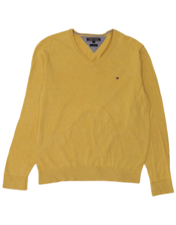 Tommy Hilfiger Mens V-Neck Jumper Sweater Large Yellow Cotton