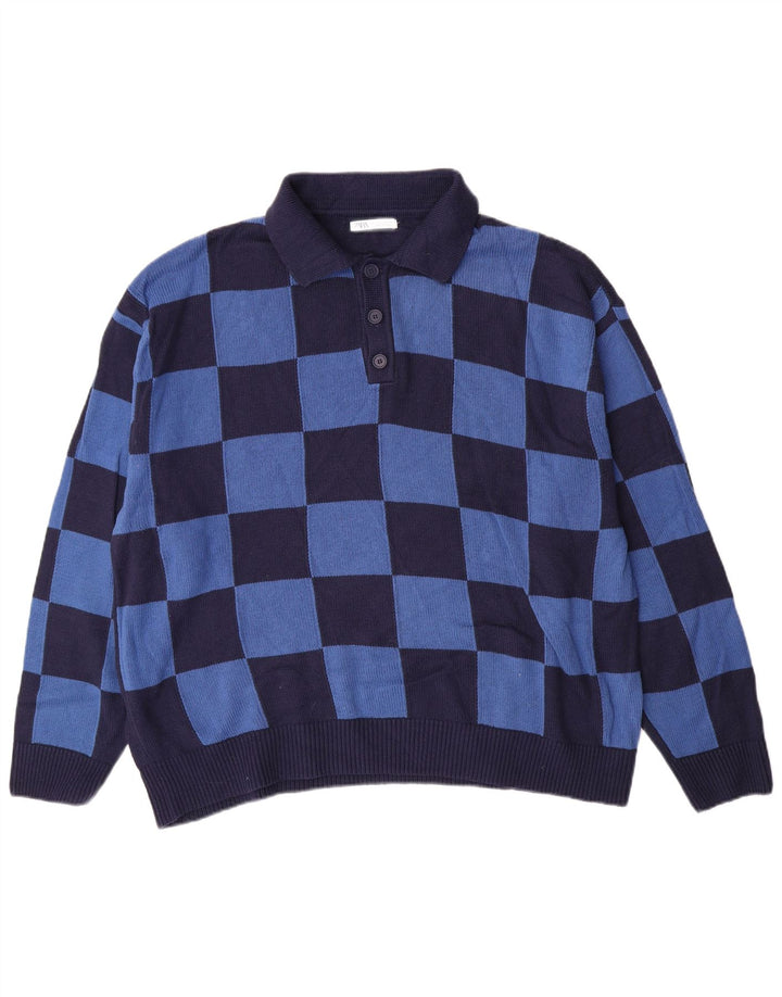 ZARA Mens Polo Neck Jumper Sweater Large Blue Check Cotton