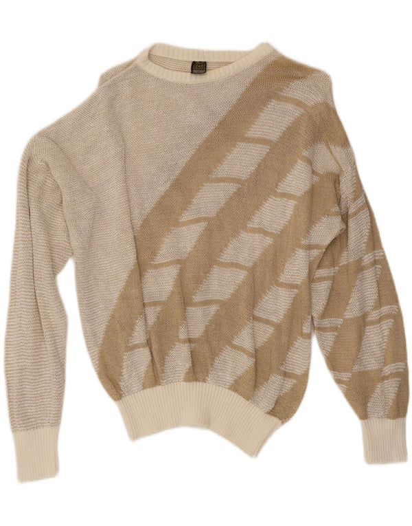 Vintage Dame Boat Neck Jumper Sweater UK 16 Stor Beige Geometrisk