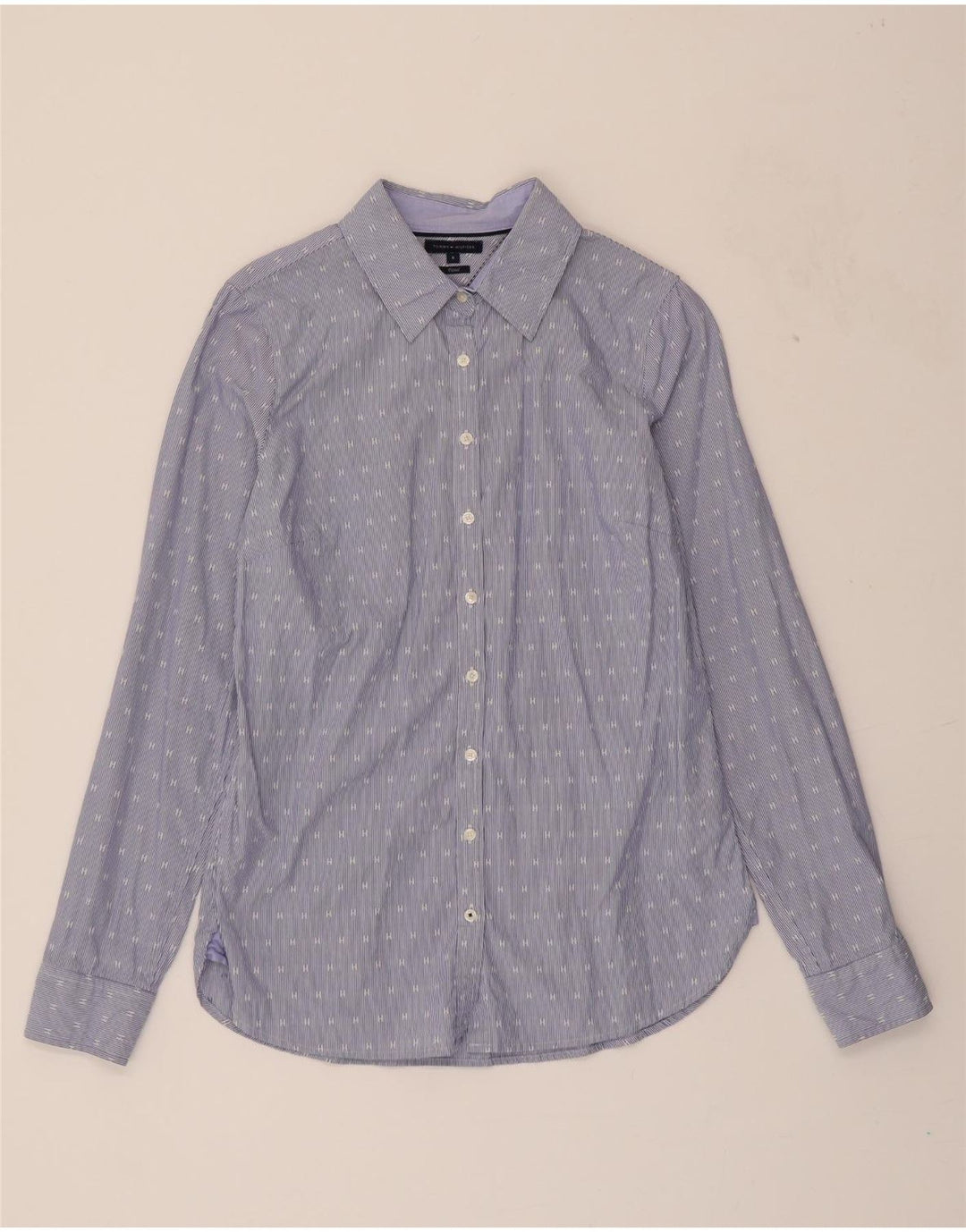 TOMMY HILFIGER Womens Fitted Shirt US 8 Medium Blue Pinstripe Cotton Vintage Tommy Hilfiger and Second-Hand Tommy Hilfiger from Messina Hembry 