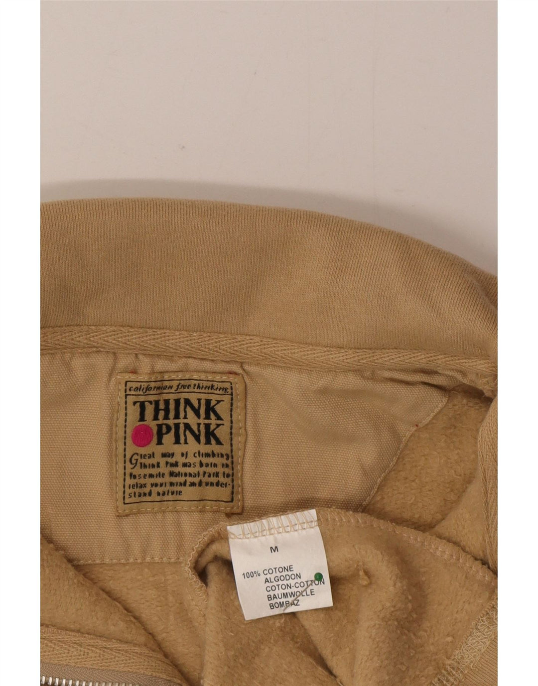 Felpa da uomo con collo con zip Think Pink, in cotone beige medio
