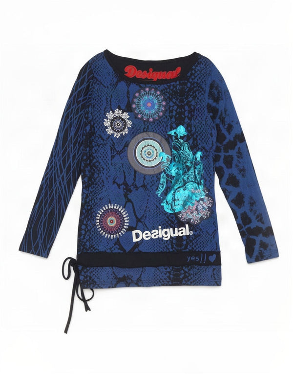 Desigual Womens Graphic Top Langarm UK 14 Große blaue geometrische Viskose
