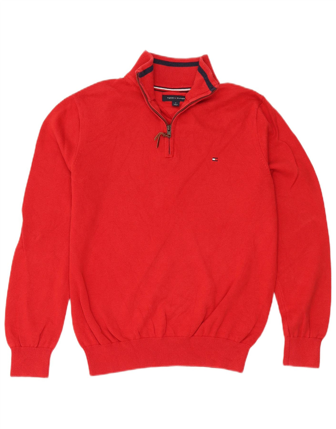 TOMMY HILFIGER Mens Zip Neck Jumper Sweater Medium Red Cotton