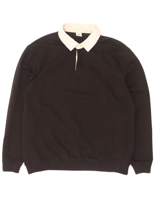 Zara Mens Long Sleeve Rugby Polo Shirt XL Black Cotton