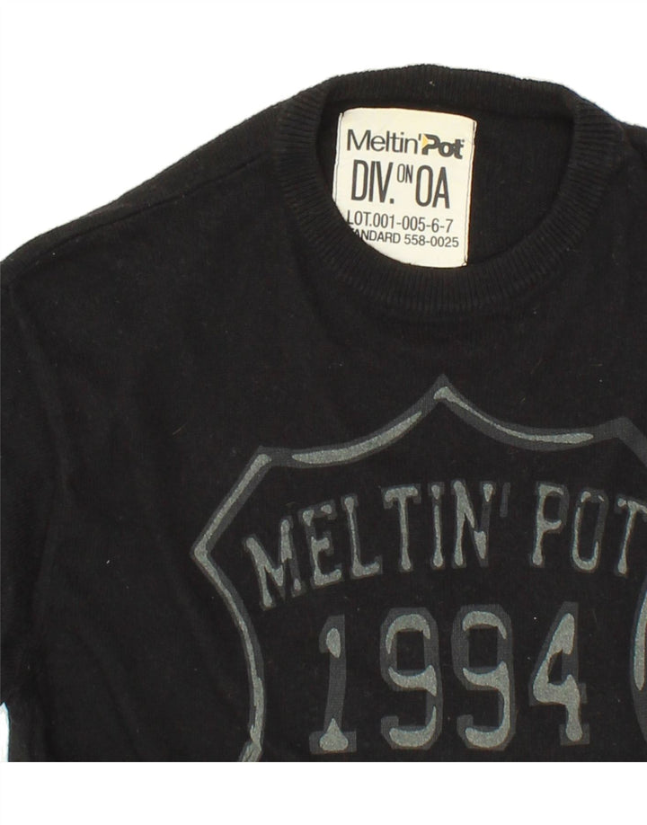 MELTIN' POT Mens Graphic Boat Neck Jumper Sweater Small Black Viscose Vintage Meltin' Pot and Second-Hand Meltin' Pot from Messina Hembry 