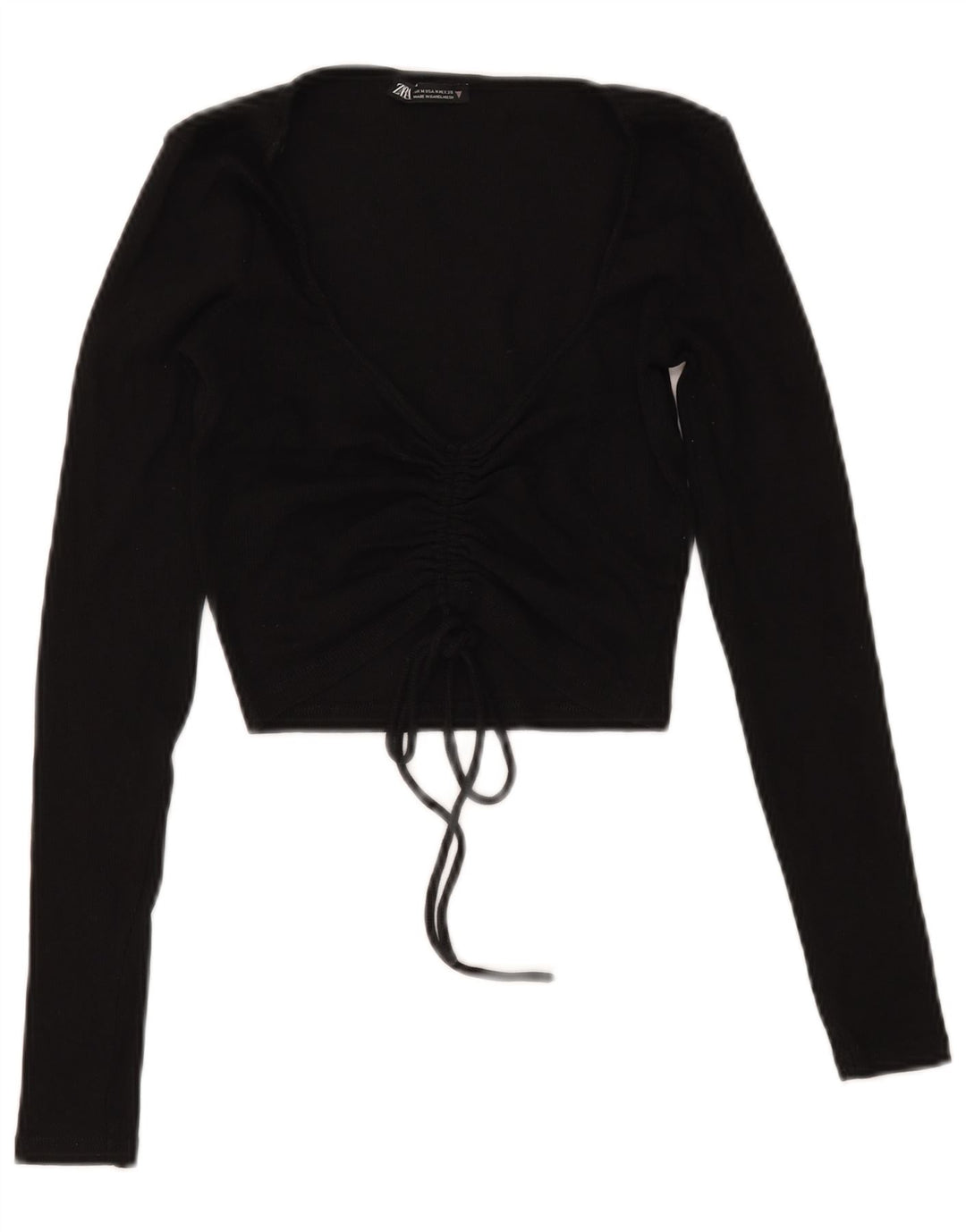 Zara Womens Crop Front Tie Top Long Sleeve UK 12 Medium Black Cotton