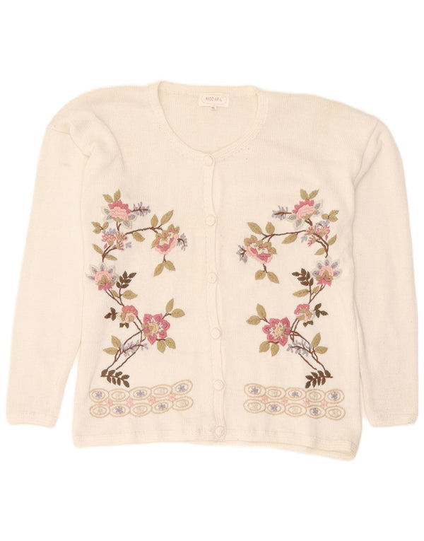 Camisola Cardigan Feminina Vintage Reino Unido 18 XL Poliéster Floral Branco