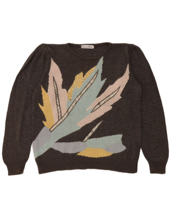 Pulover vintage pentru femei cu gât supradimensionat, pulover EU 40, gri mediu, floral