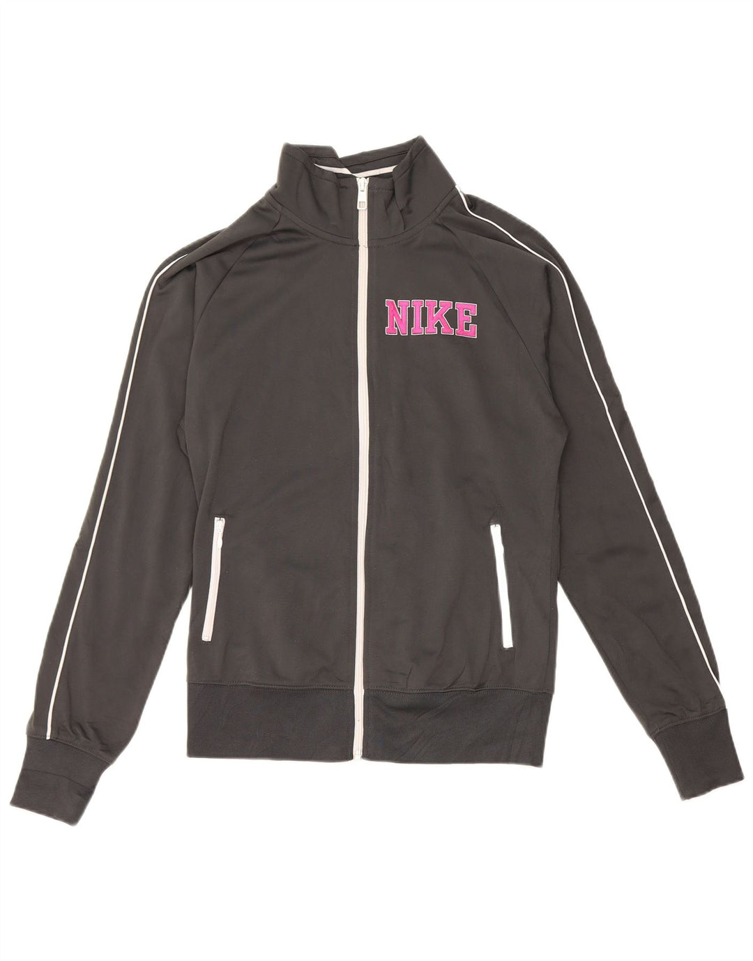 NIKE Womens Graphic Tracksuit Top Jacket UK 14 Medium Grey Polyester