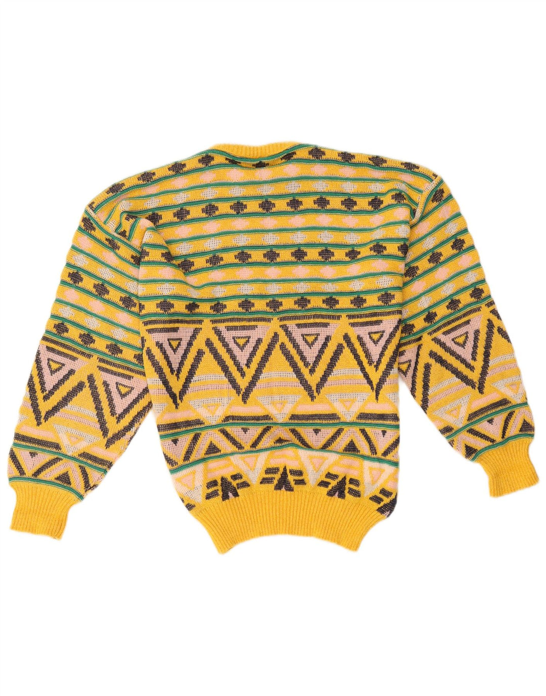 Vintage Mens Crew Neck Jumper Sweater Medium Yellow Geometric Cotton