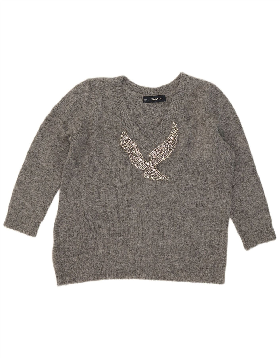 Zara Womens Graphic V-Neck Jumper Sweater UK 10 Small Grey