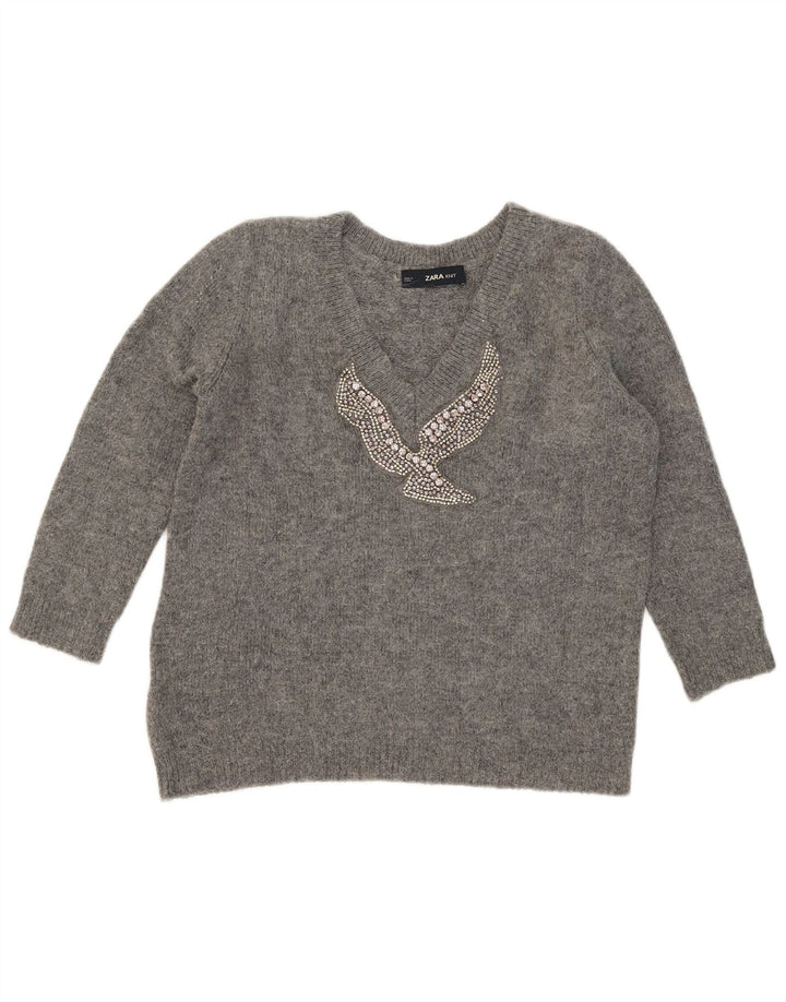 Zara Womens Graphic V-Neck Jumper Sweater UK 10 Small Grey