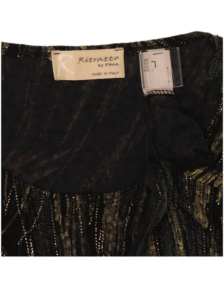 Top manica lunga da donna vintage con motivo astratto UK 16 grande viscosa nera
