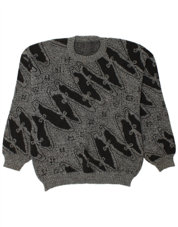 vintage Mens Crew Neck Jumper Pull Grand Gris Géométrique