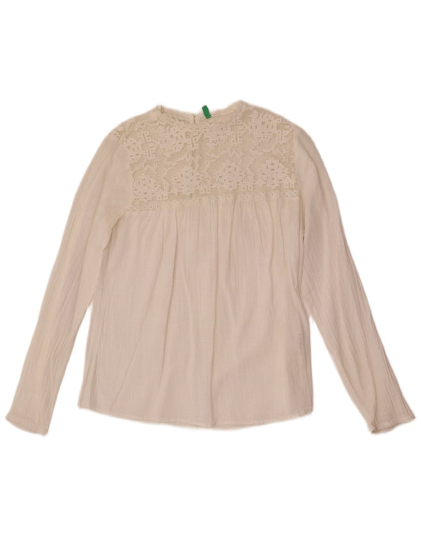 Benetton Womens Long Sleeve Blouse Top UK 10 Small White Cotton