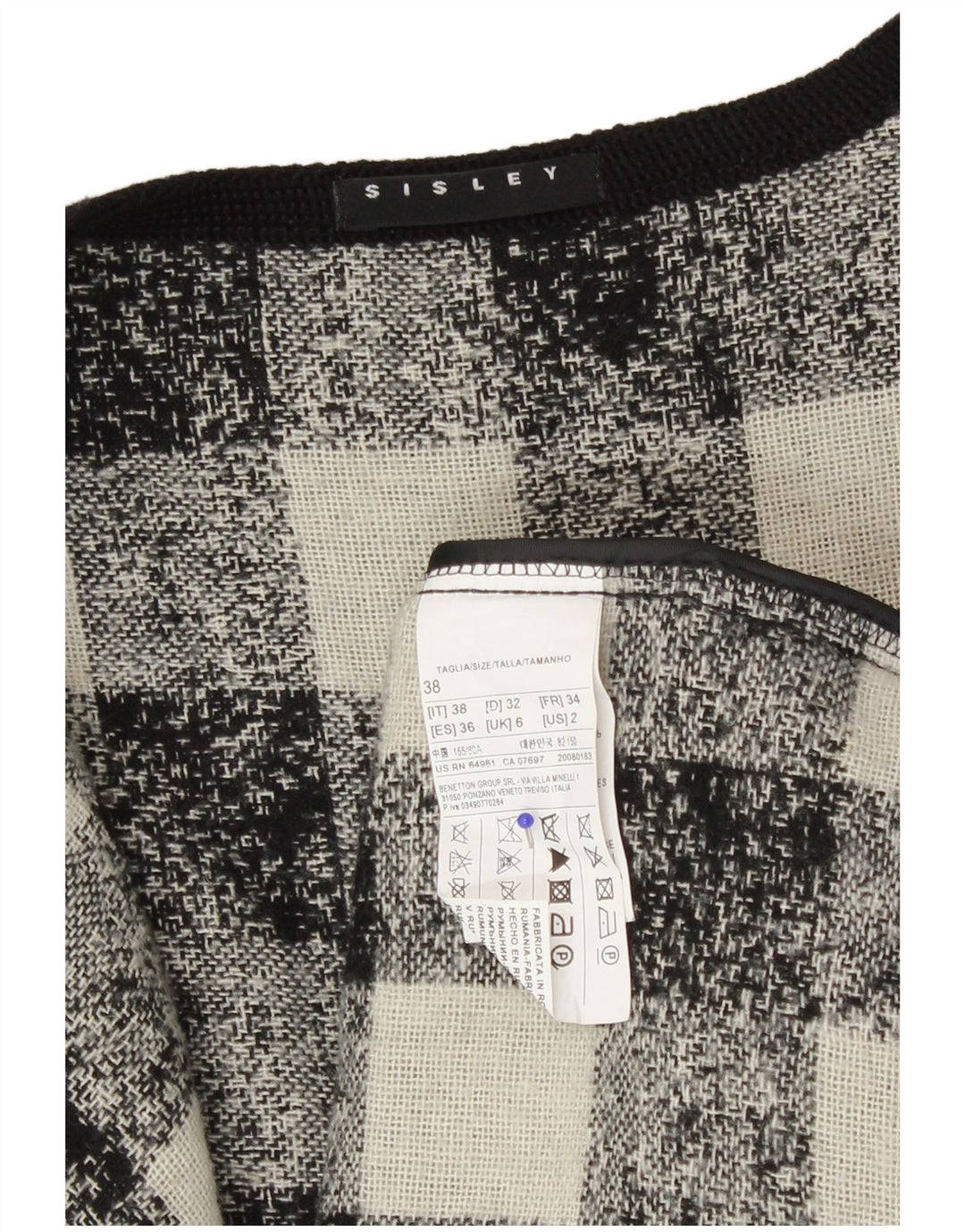 Sisley Damen-Blazer in Übergröße, Gr. 6, XS, schwarzes Gingham-Acryl