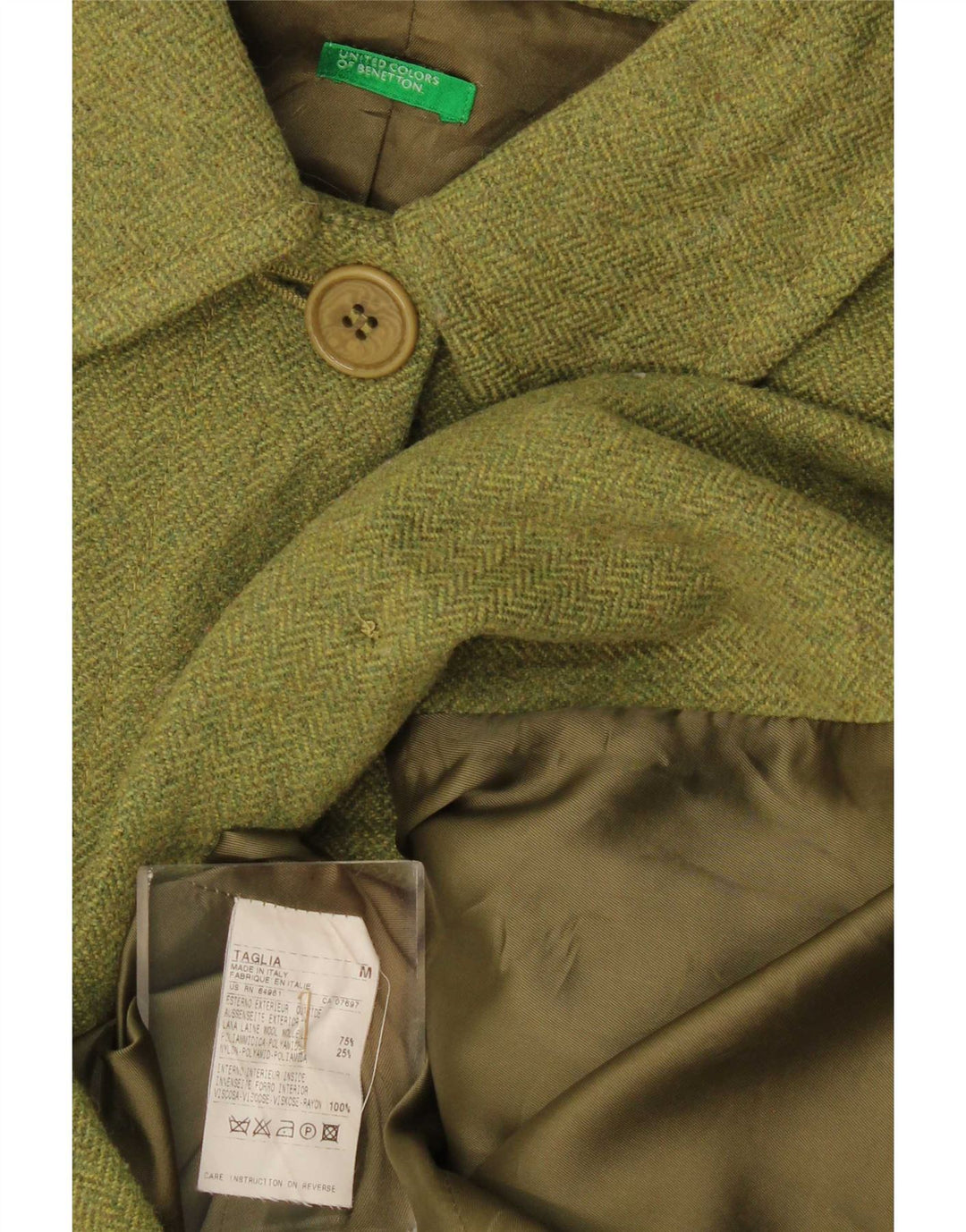 Sobretudo feminino Benetton UK 14 lã espinha de peixe verde médio