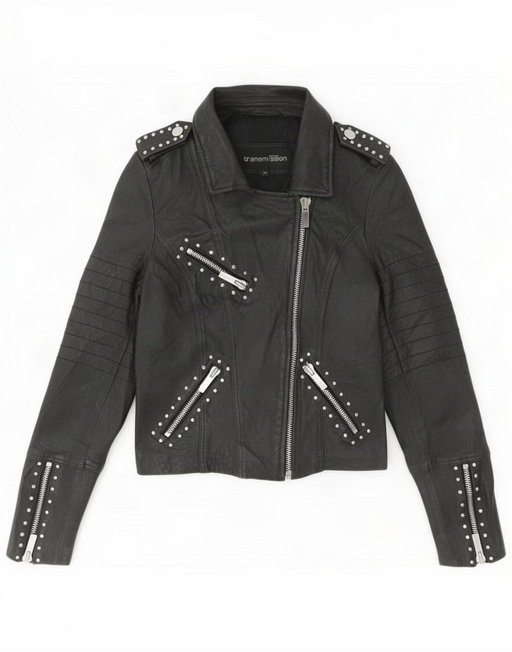 Transmission Dame Læder Biker Jacket UK 12 Medium Sort