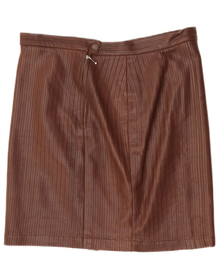 Vintage Womens Leather Skirt W34 Large Brown Herringbone