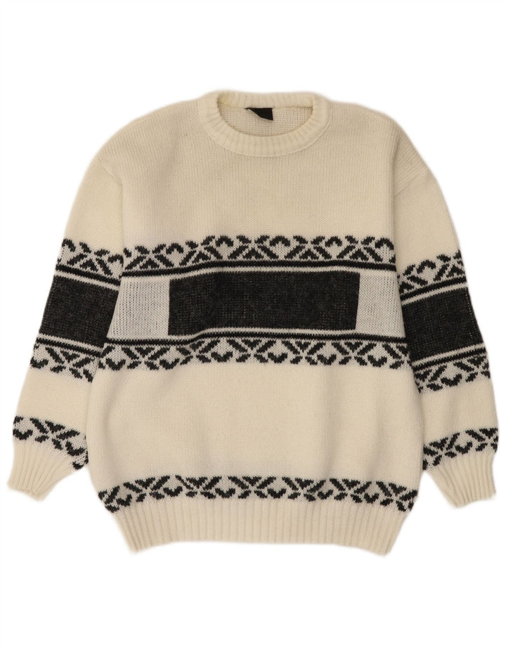 Vintage sweater med rund hals til mænd Medium White Fair Isle