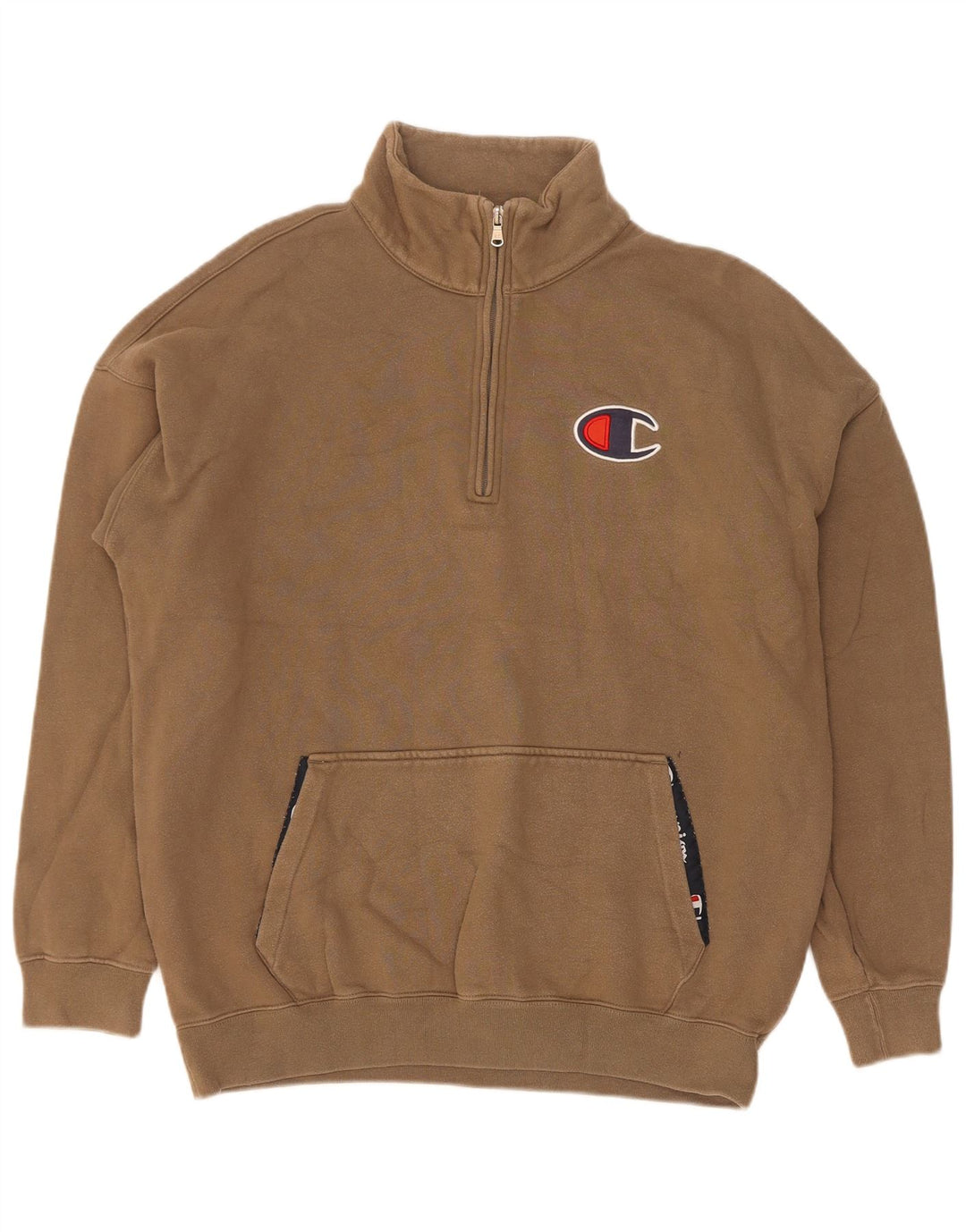 Champion Mens Zip Neck Sweatshirt Jumper Large Beige Cotton