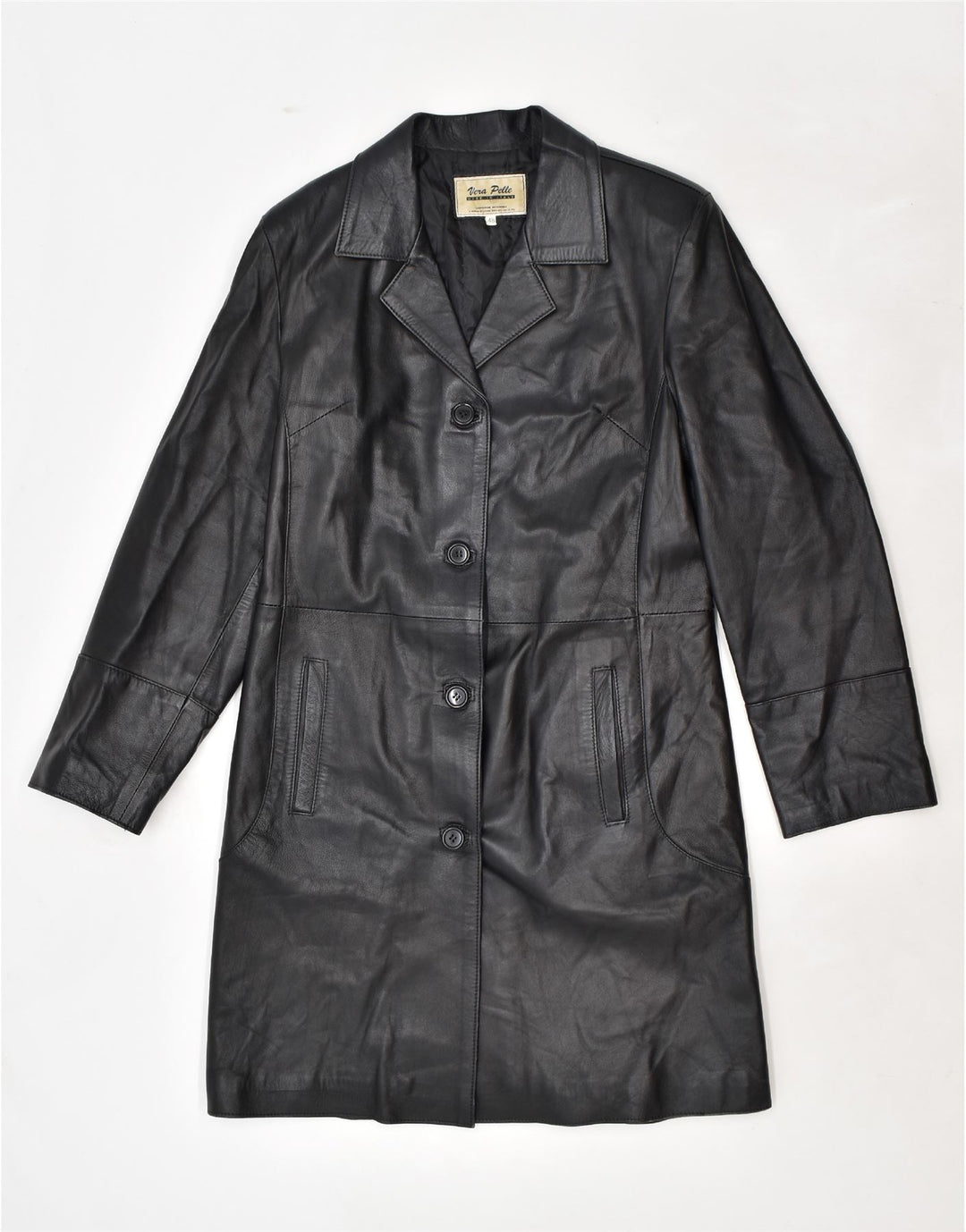 VINTAGE Womens Leather Coat IT 48 XL Black Leather