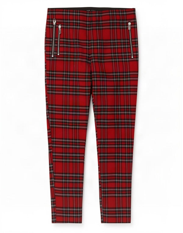 Zara Damen Skinny Freizeithose XL W32 L27 Rot karierte Viskose