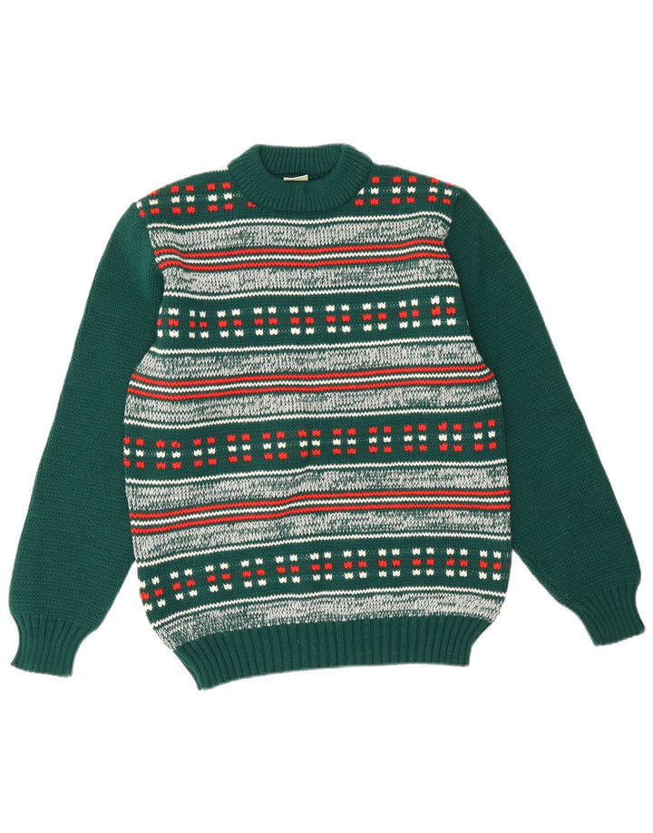 Dralon Mens Crew Neck Jumper Sweater Small Green Fair Isle Polyacrylic