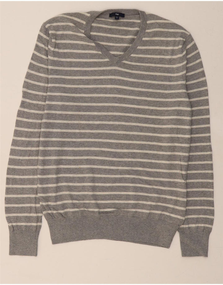 GAP Mens V-Neck Jumper Sweater Medium Grey Striped Cotton Vintage Gap and Second-Hand Gap from Messina Hembry 