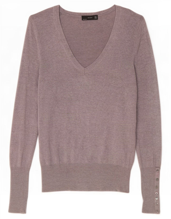 Zara Womens V-Neck Jumper Sweater UK 14 Large Grey