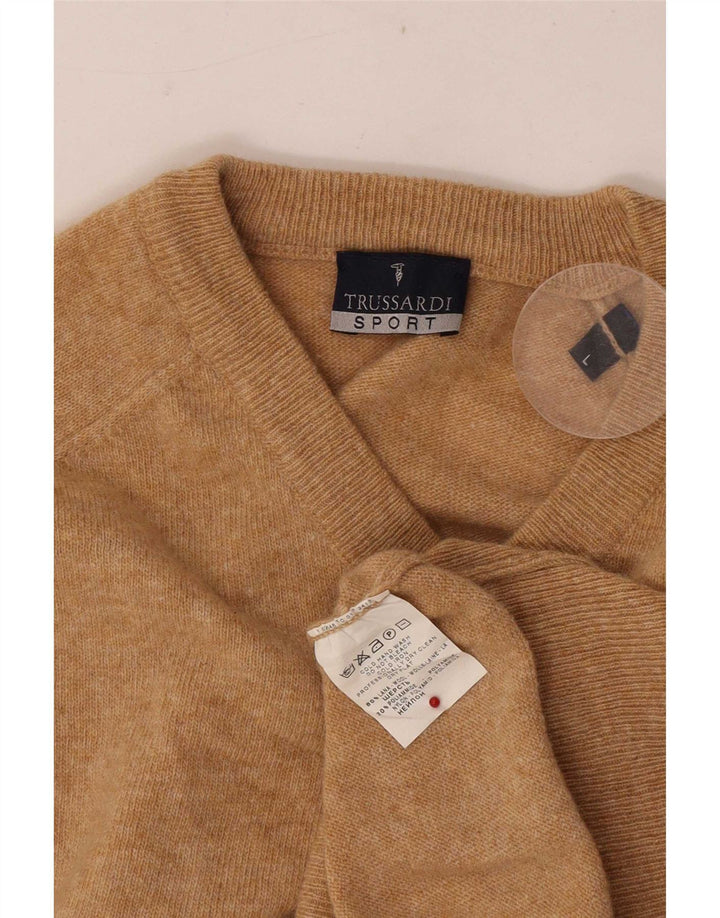 Trussardi Mens Regular Fit V-Neck Jumper Sweater Large Beige Wool
