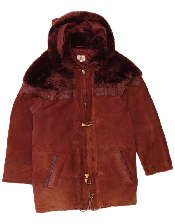 Yuppie Manteau surdimensionné à capuche en daim pour femme UK 10 Petit cuir marron