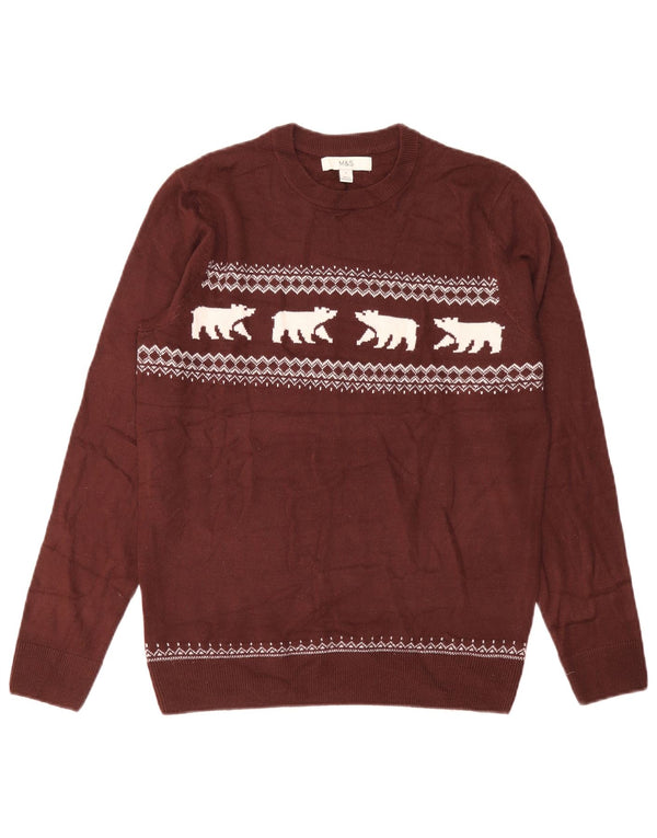 Marks & Spencer Mens Crew Neck Jumper Sweater Small Burgundy Animal Print
