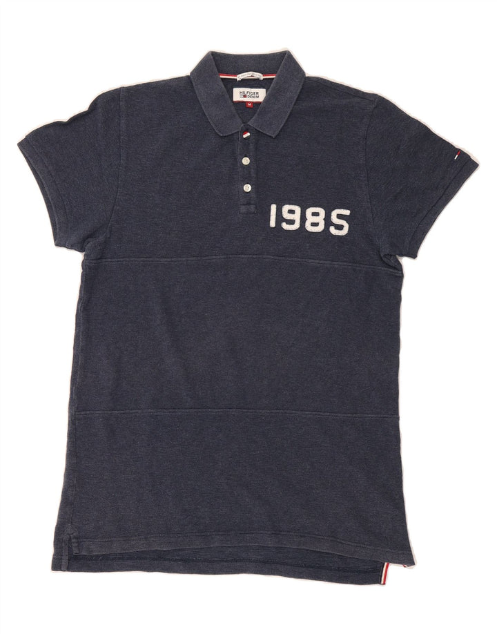 HILFIGER DENIM Mens Graphic Polo Shirt Medium Navy Blue Cotton Vintage Hilfiger Denim and Second-Hand Hilfiger Denim from Messina Hembry 
