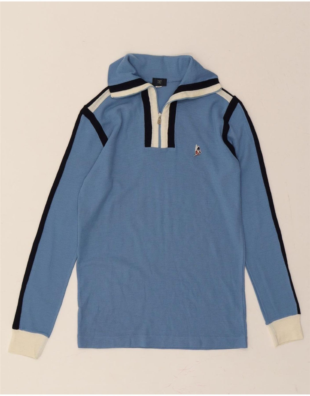 GISPA Mens Zip Neck Jumper Sweater IT 50 Medium Blue Colourblock Wool Vintage Gispa and Second-Hand Gispa from Messina Hembry 